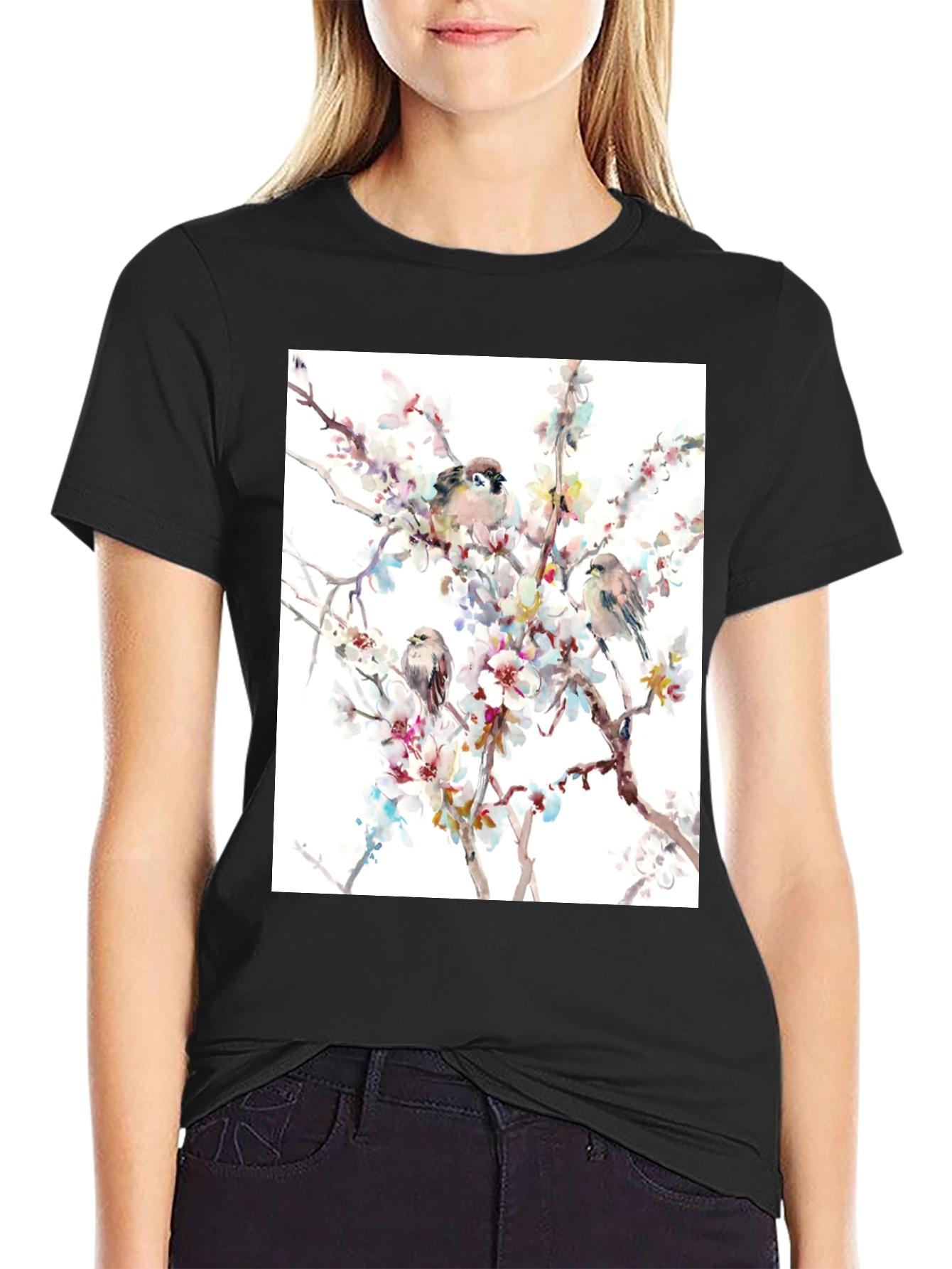 Birds on Blossom Branch Graphic T-Shirt
