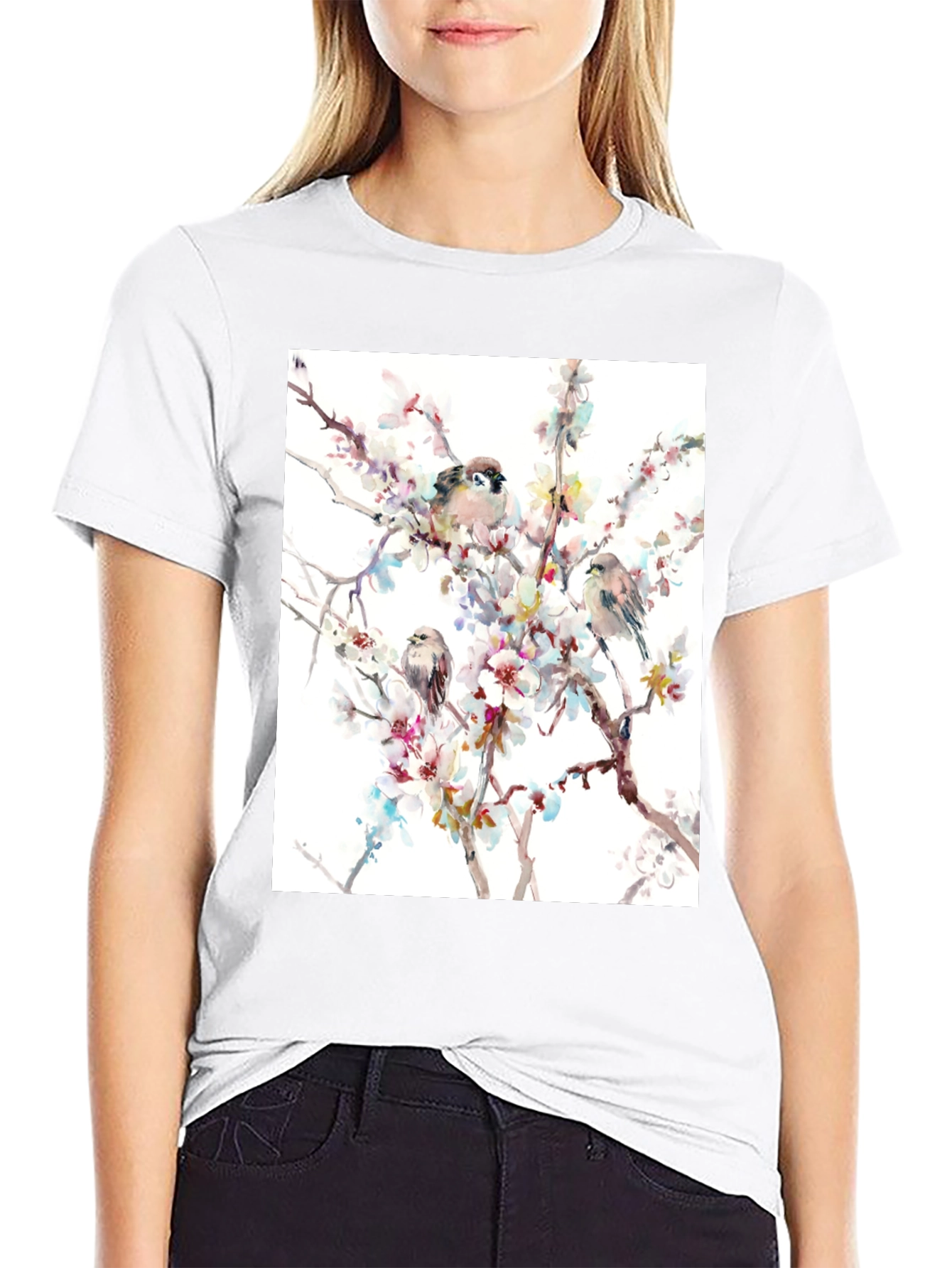 Birds on Blossom Branch Graphic T-Shirt