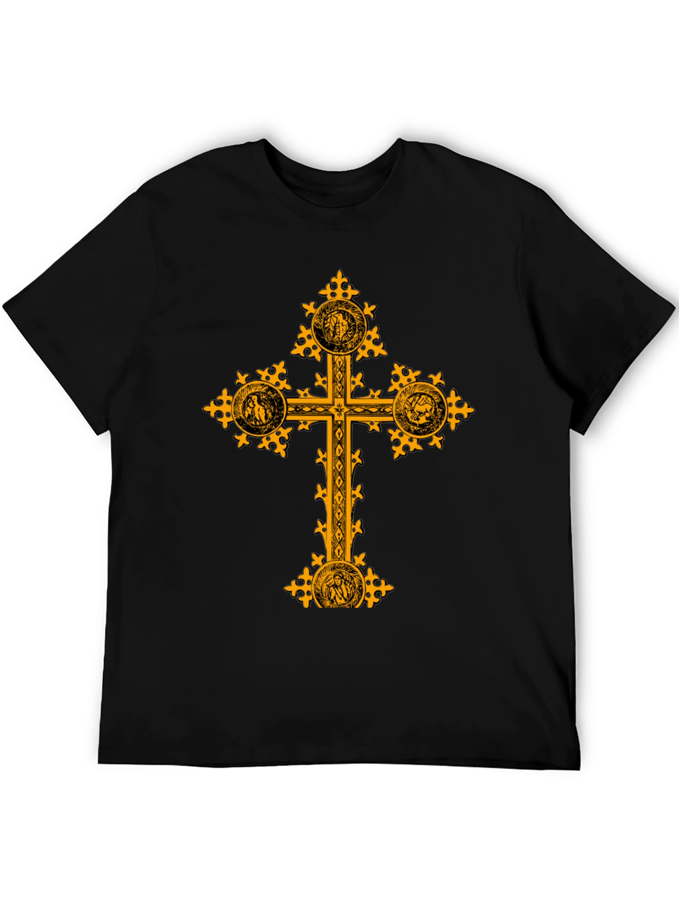 Ornate Gold Cross Graphic Print Black T-Shirt