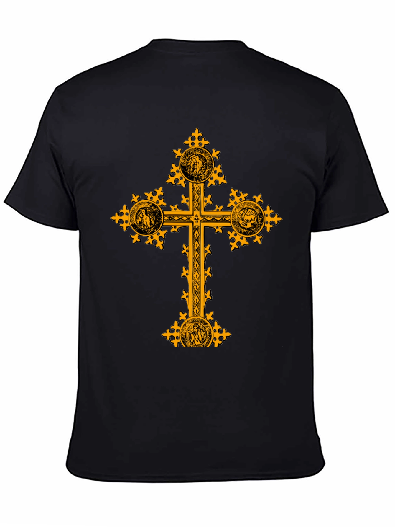 Ornate Gold Cross Graphic Print Black T-Shirt
