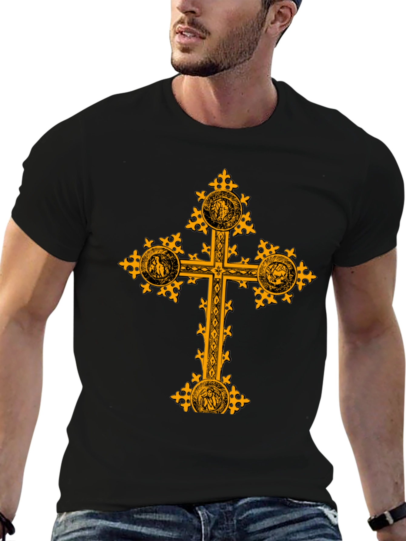 Ornate Gold Cross Graphic Print Black T-Shirt