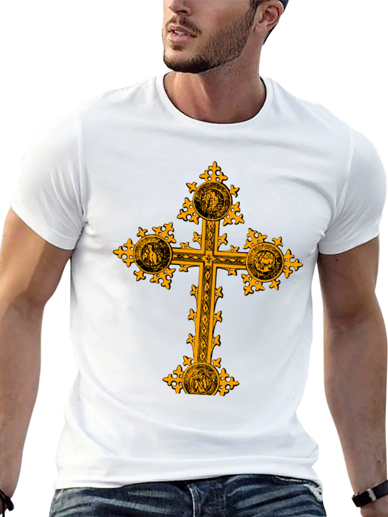 Ornate Gold Cross Graphic Print Black T-Shirt