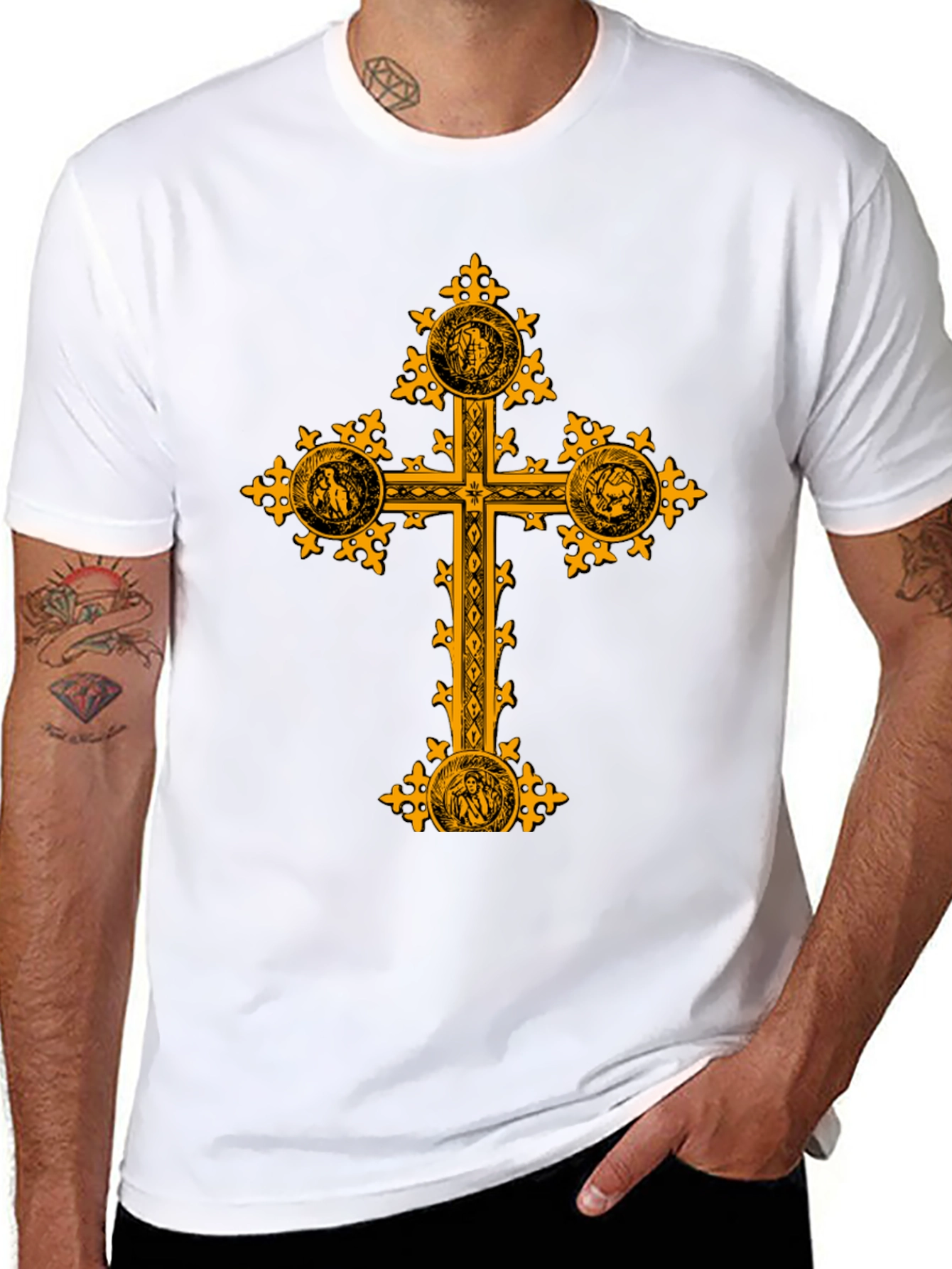 Ornate Gold Cross Graphic Print Black T-Shirt