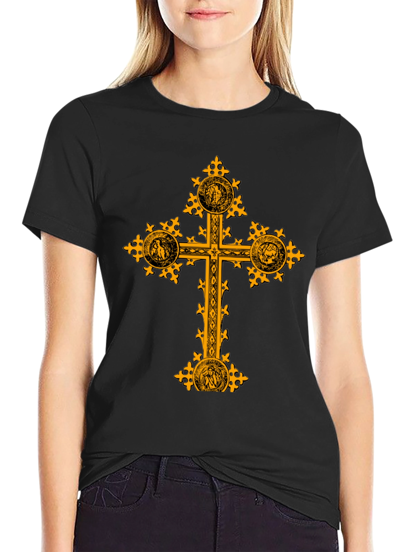 Ornate Gold Cross Graphic Print Black T-Shirt
