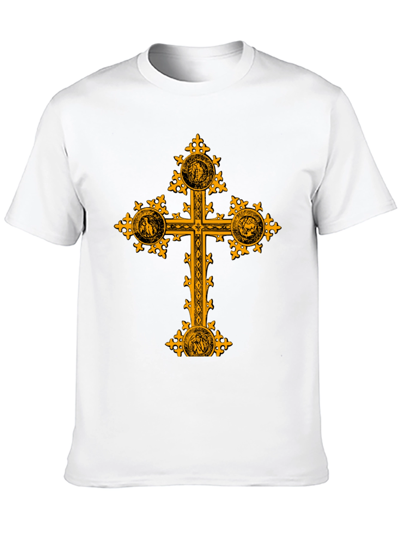 Ornate Gold Cross Graphic Print Black T-Shirt