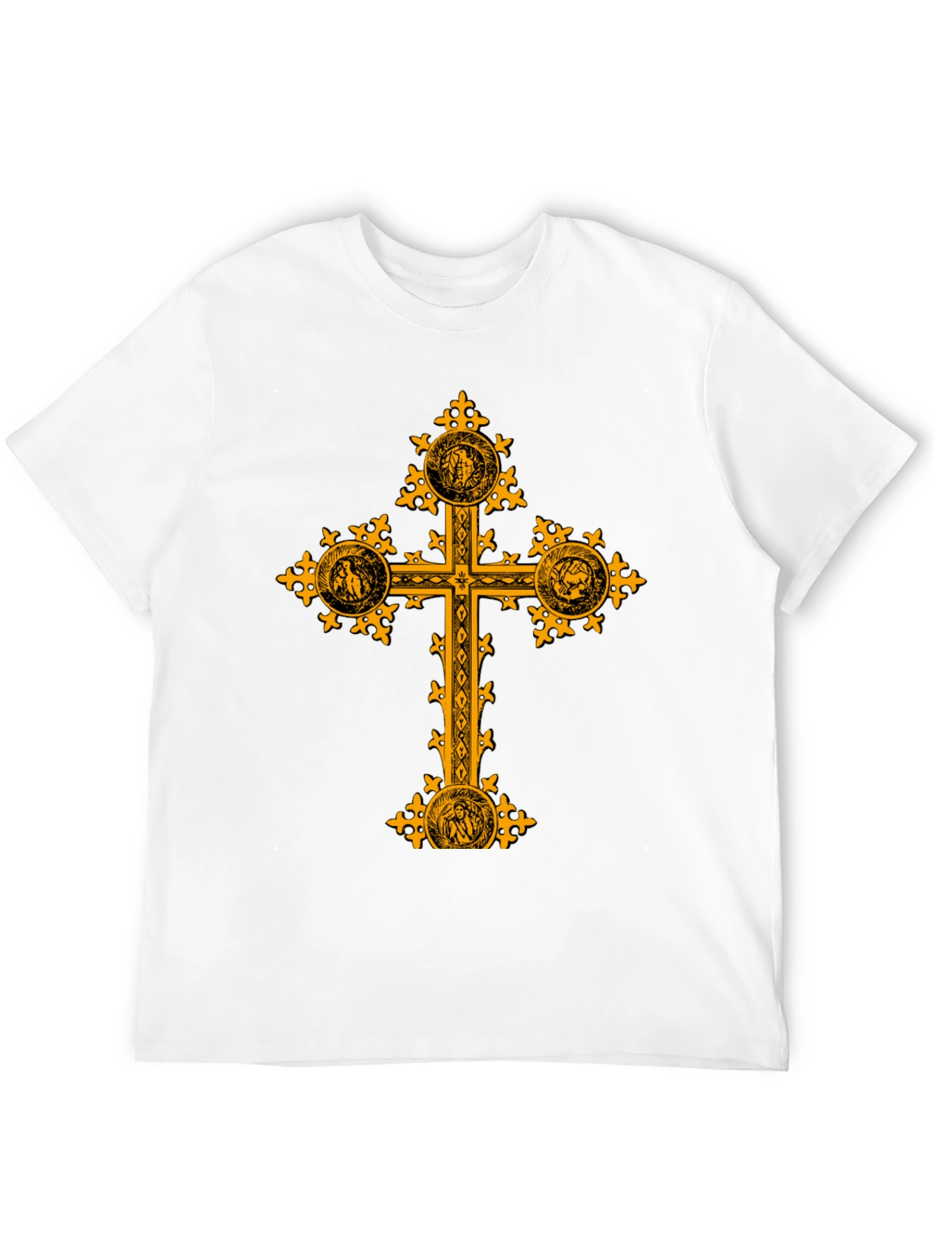 Ornate Gold Cross Graphic Print Black T-Shirt