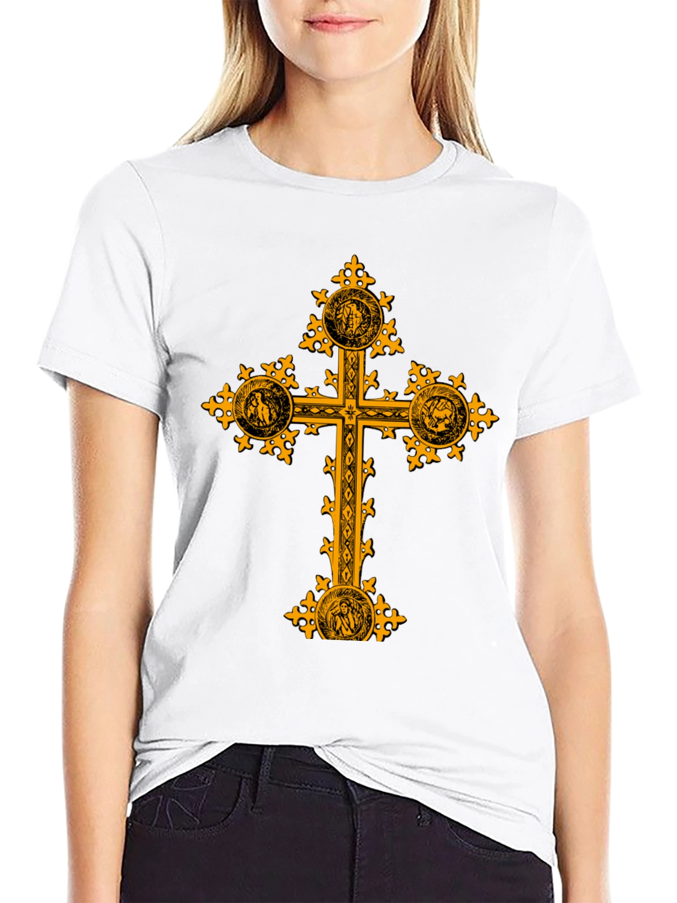 Ornate Gold Cross Graphic Print Black T-Shirt