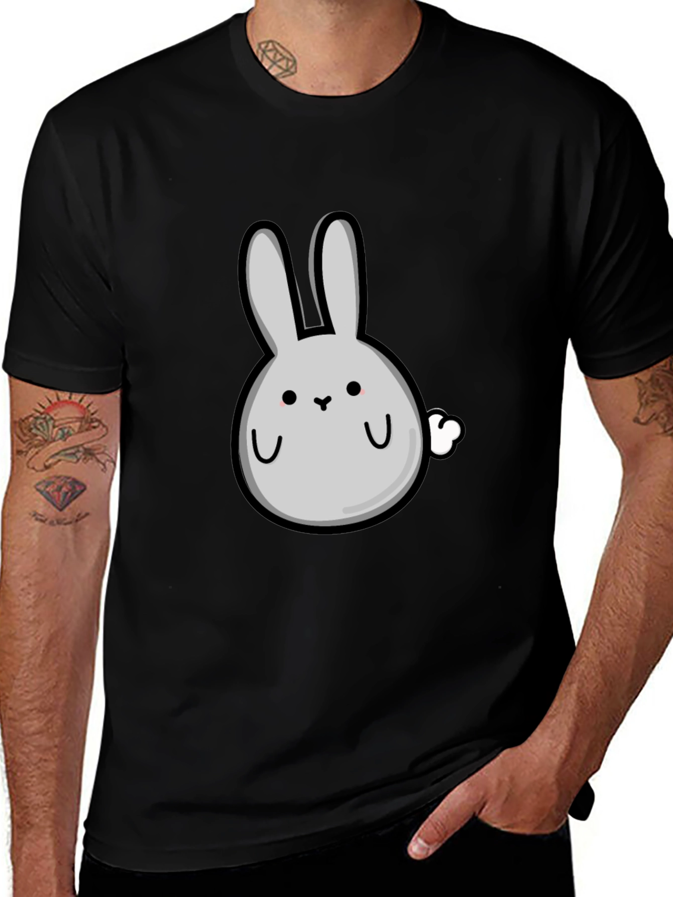 Cute Cartoon Bunny Black T-Shirt