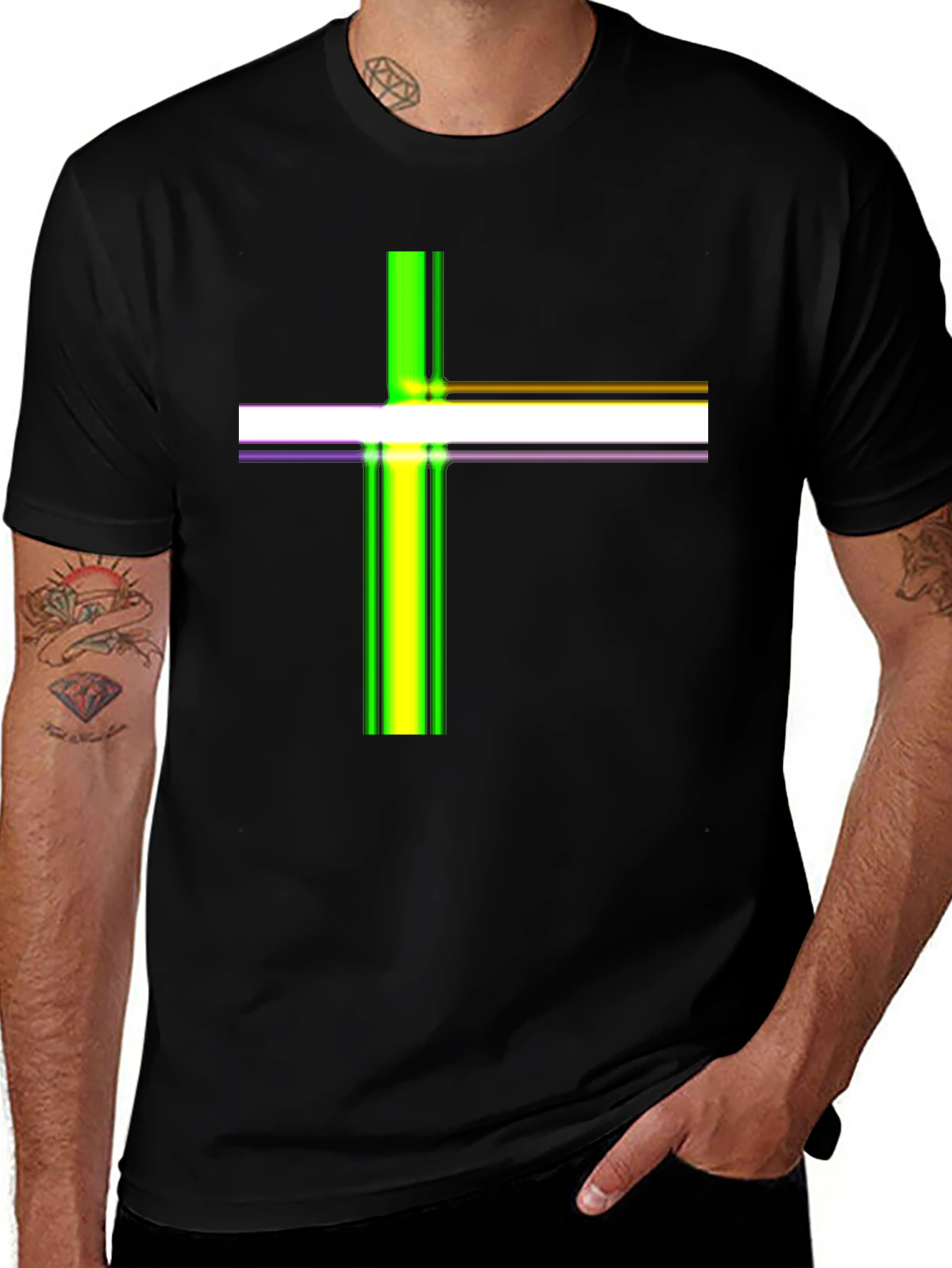 Striped Cross Graphic Black T-Shirt
