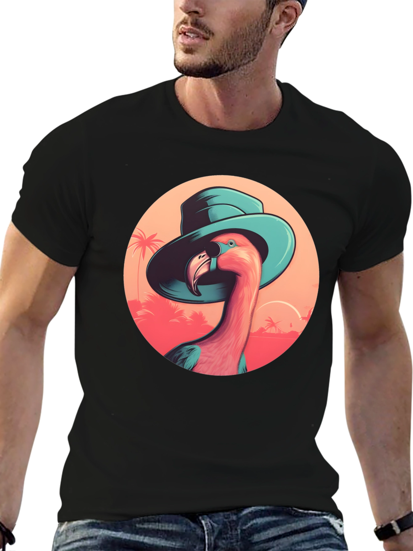 Flamingo in Hat Graphic Tee - Tropical Vacation Style