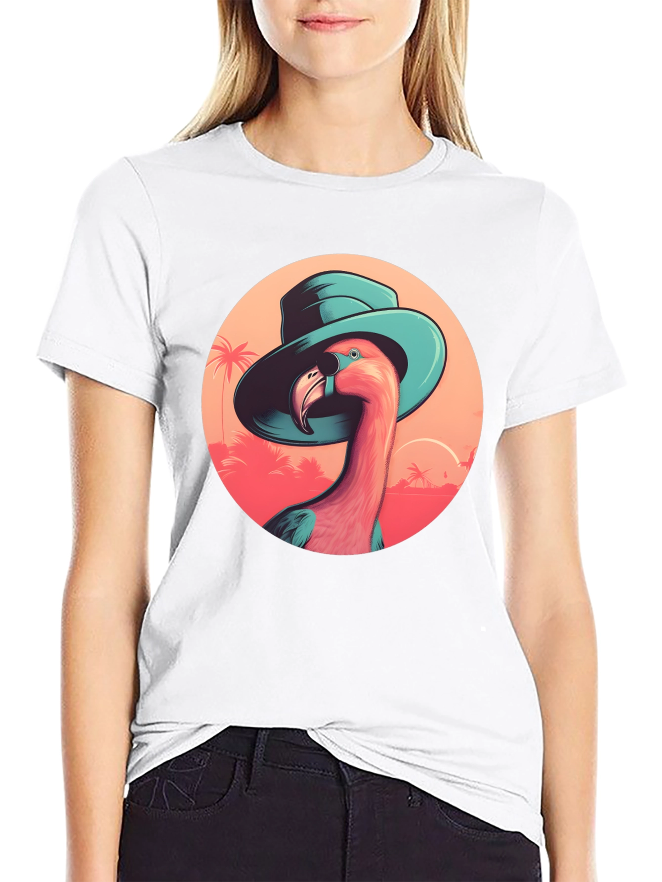 Flamingo in Hat Graphic Tee - Tropical Vacation Style