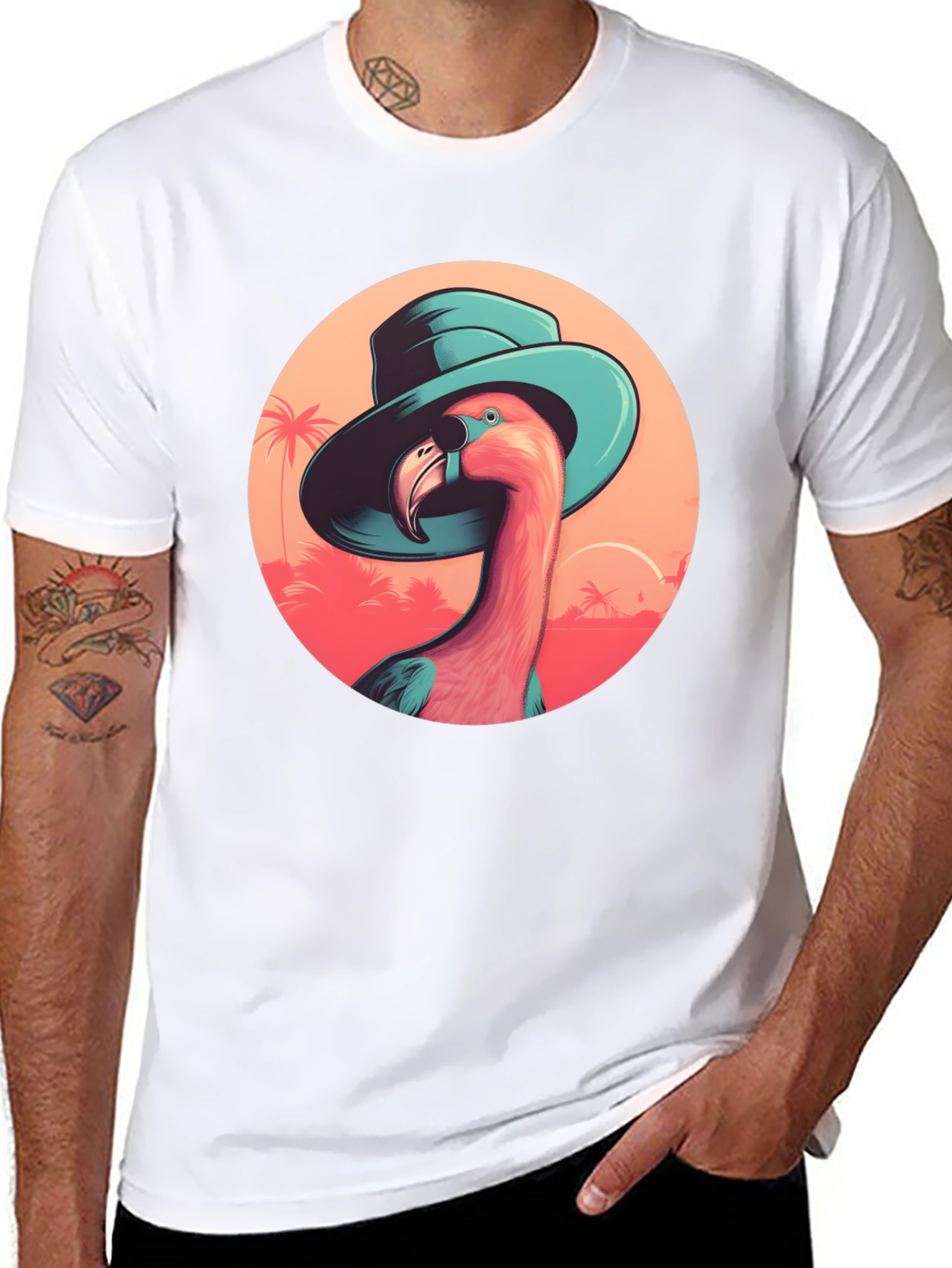 Flamingo in Hat Graphic Tee - Tropical Vacation Style
