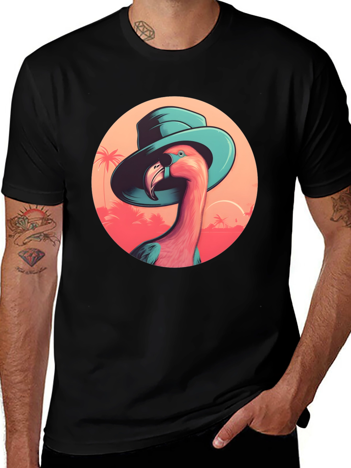 Flamingo in Hat Graphic Tee - Tropical Vacation Style