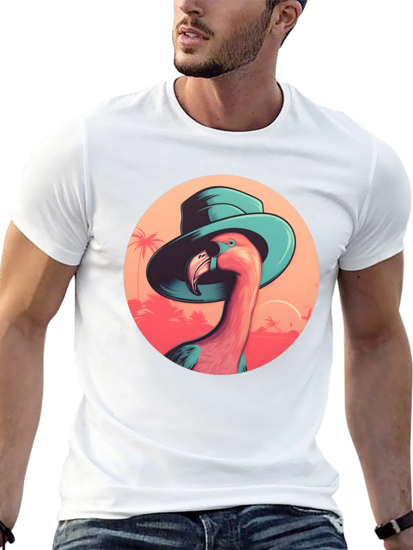 Flamingo in Hat Graphic Tee - Tropical Vacation Style