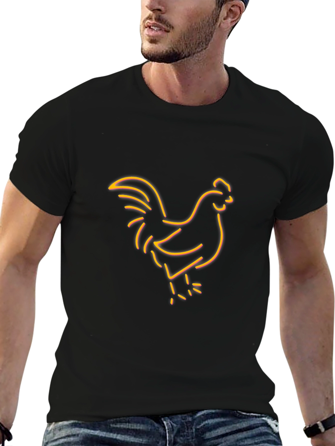Neon Chicken Graphic Tee - Black Cotton Blend T-Shirt