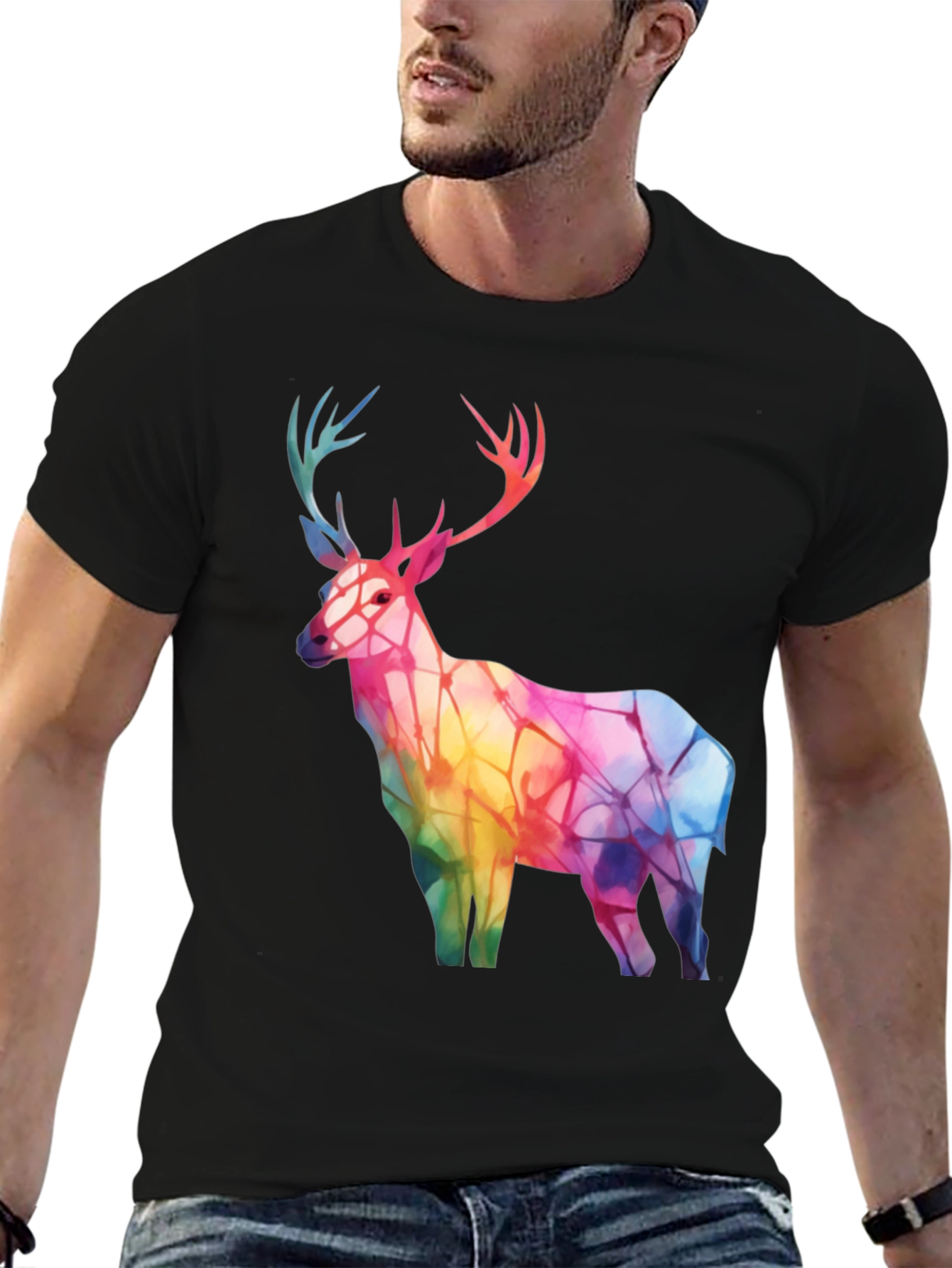Rainbow Deer Graphic Tee - Stylish Mens Black T-Shirt