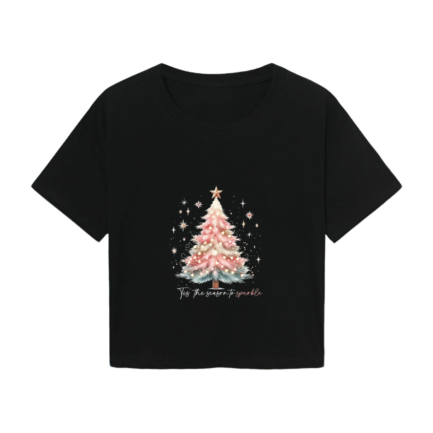 Glittery Pink Christmas Tree Sparkle Season Cropped T?Shirt
