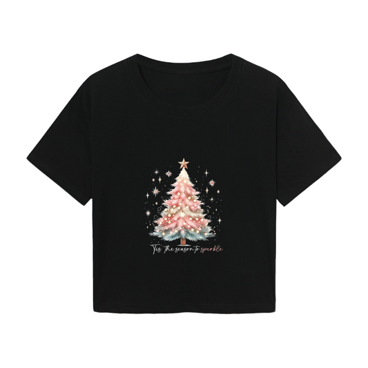 Glittery Pink Christmas Tree Sparkle Season Cropped T?Shirt