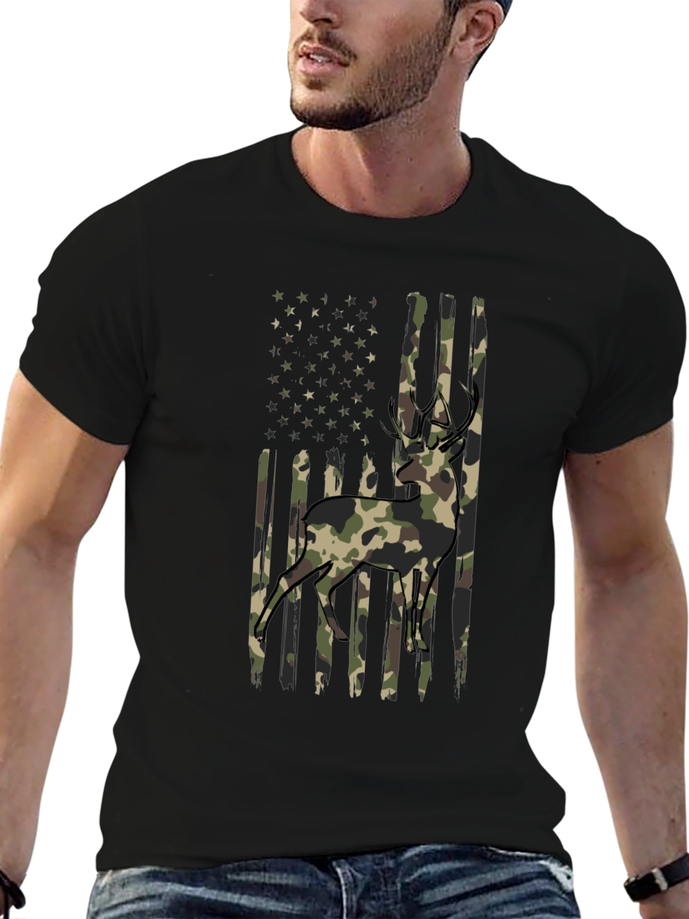 Camo Deer American Flag Graphic T-Shirt