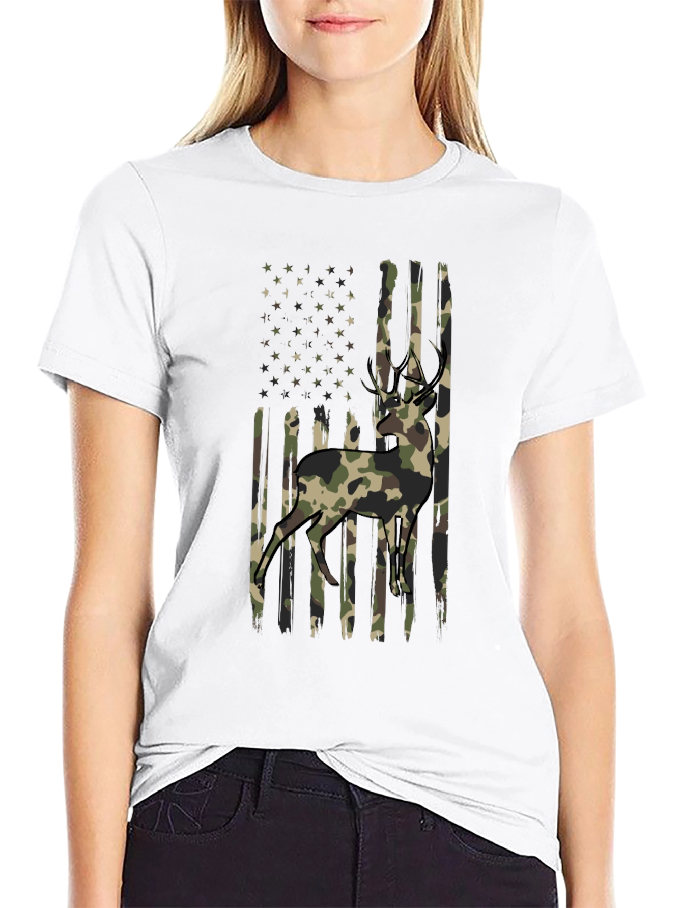 Camo Deer American Flag Graphic T-Shirt