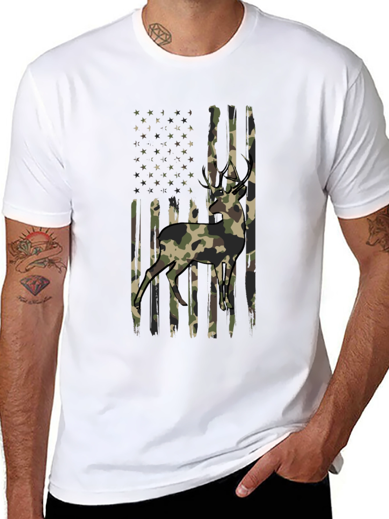 Camo Deer American Flag Graphic T-Shirt