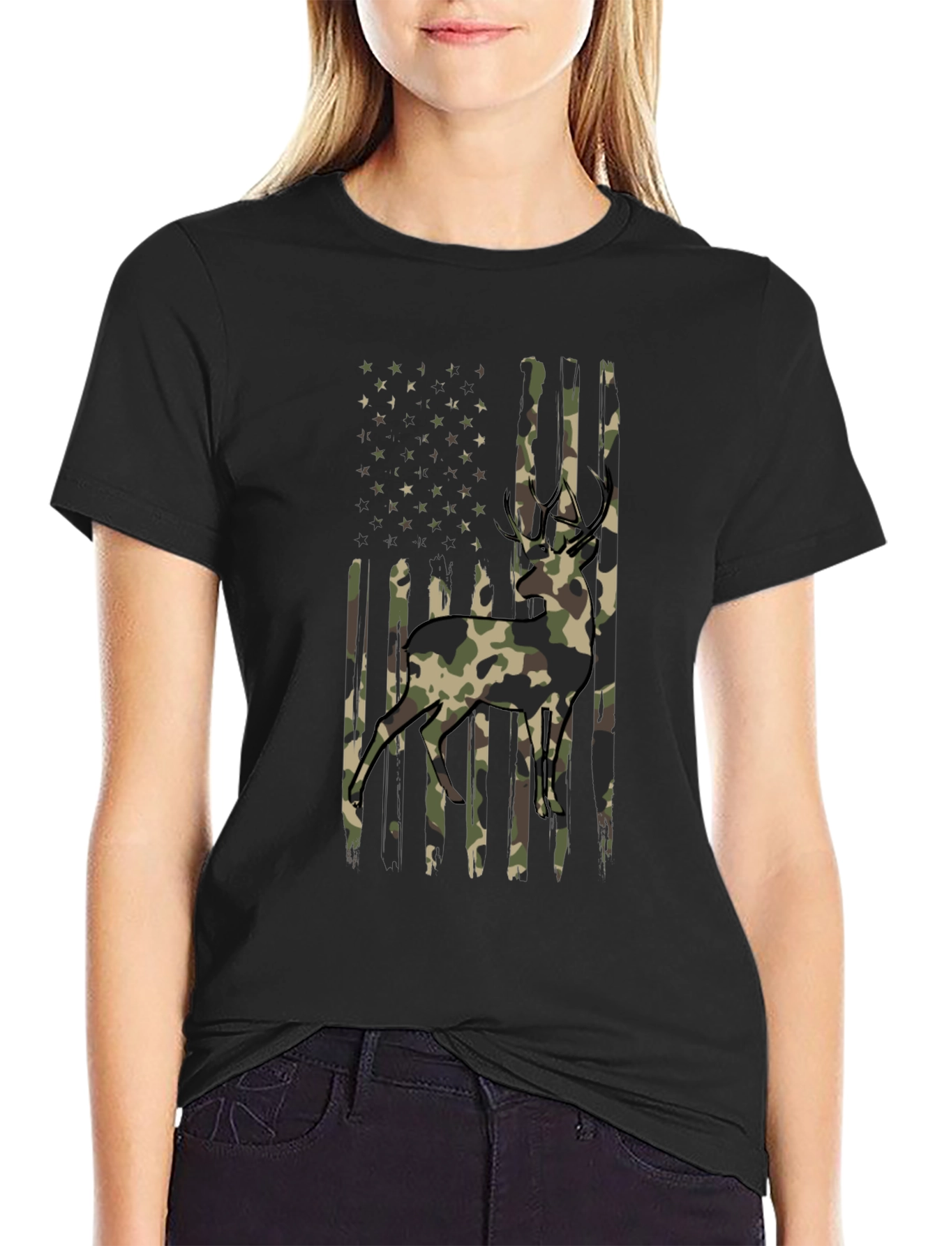 Camo Deer American Flag Graphic T-Shirt