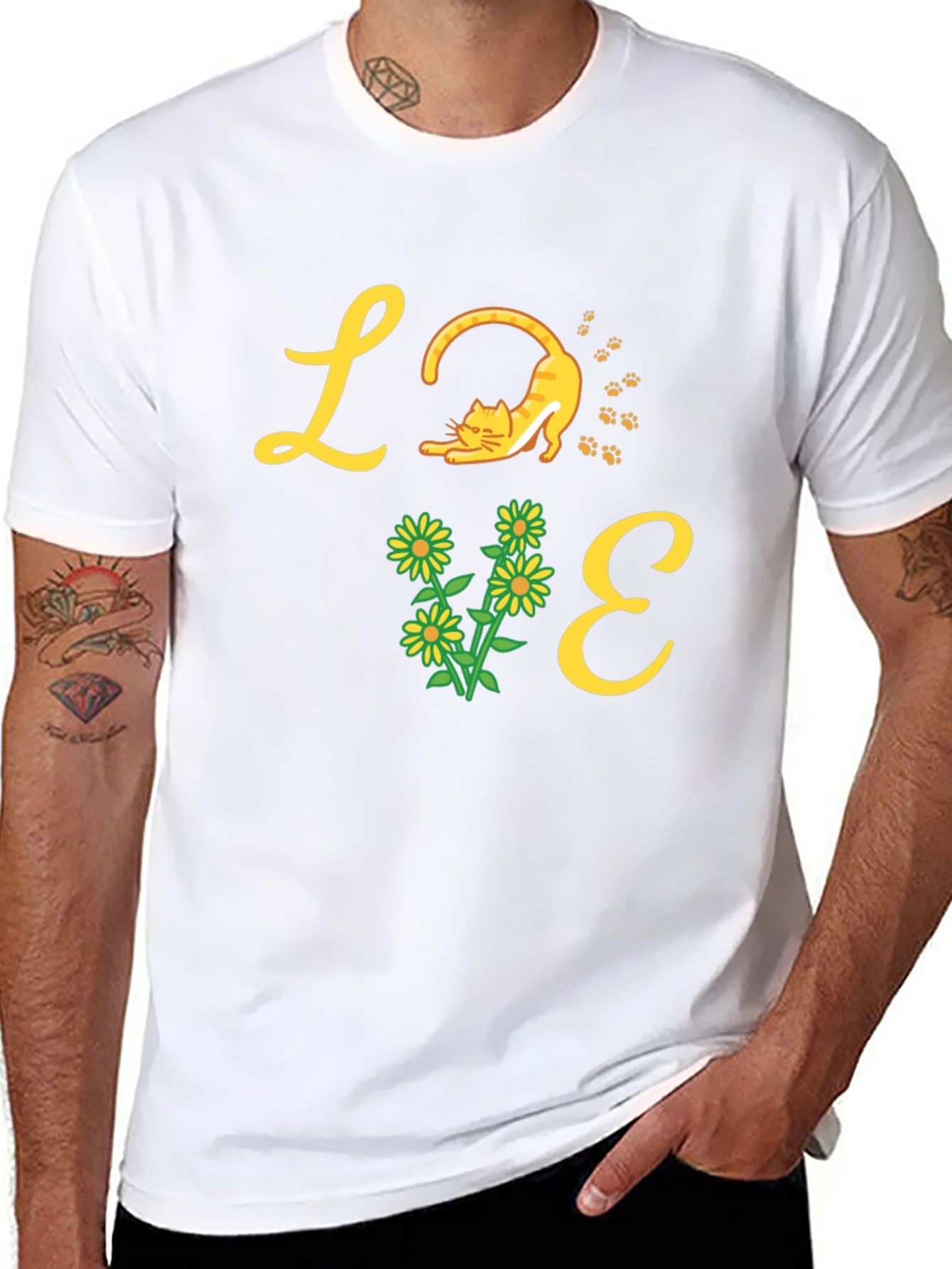 Love Cat & Flower Graphic T-Shirt - Black
