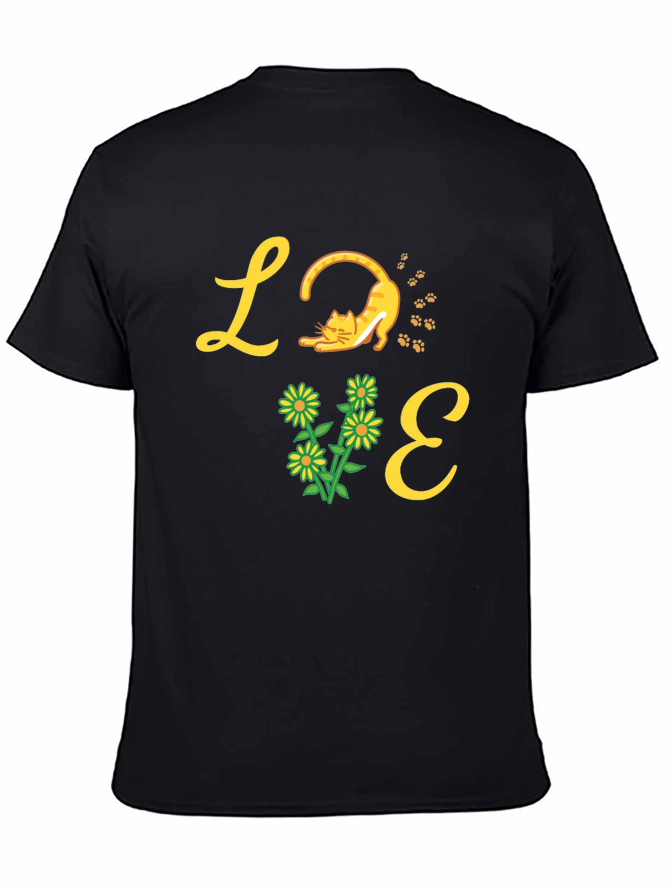 Love Cat & Flower Graphic T-Shirt - Black