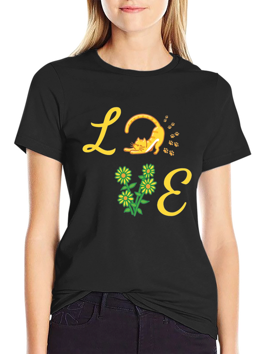 Love Cat & Flower Graphic T-Shirt - Black