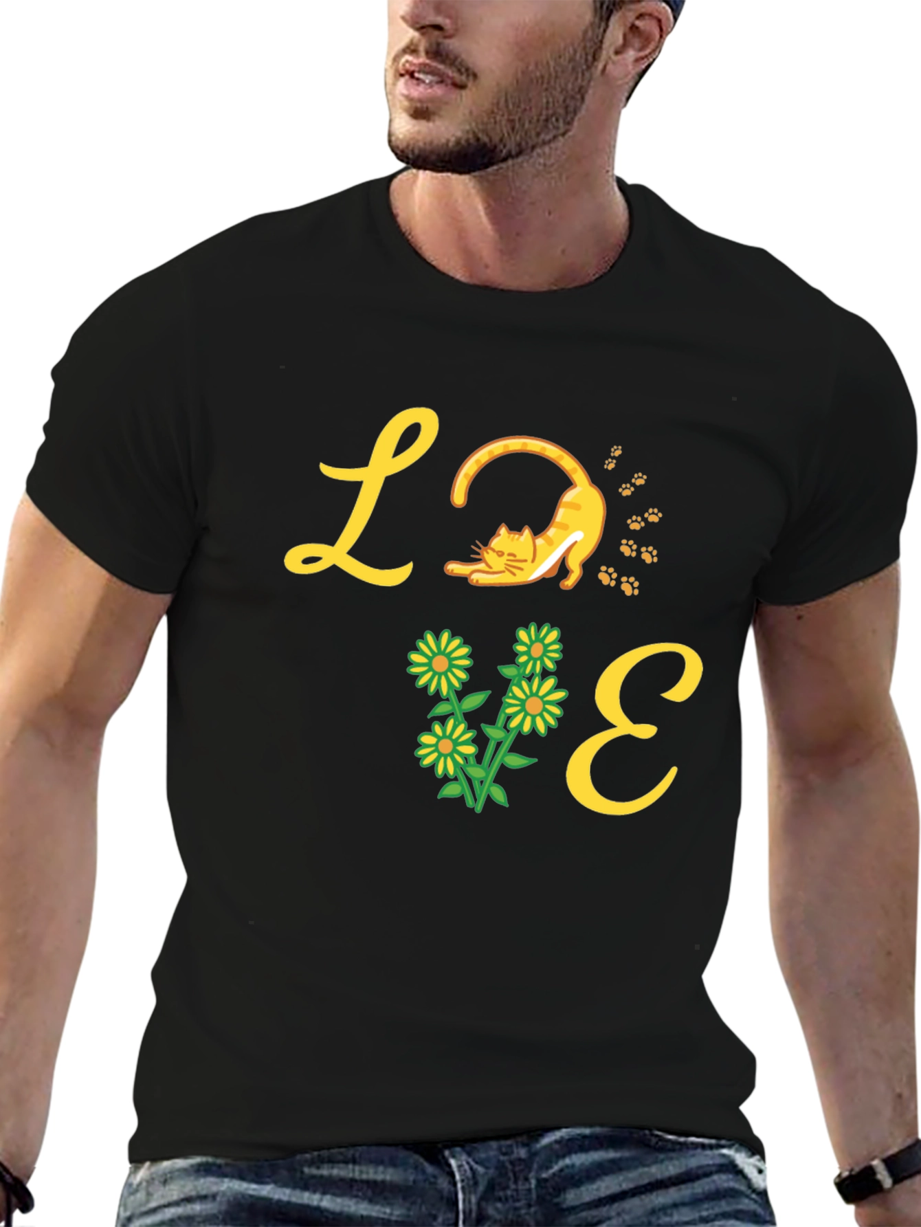 Love Cat & Flower Graphic T-Shirt - Black
