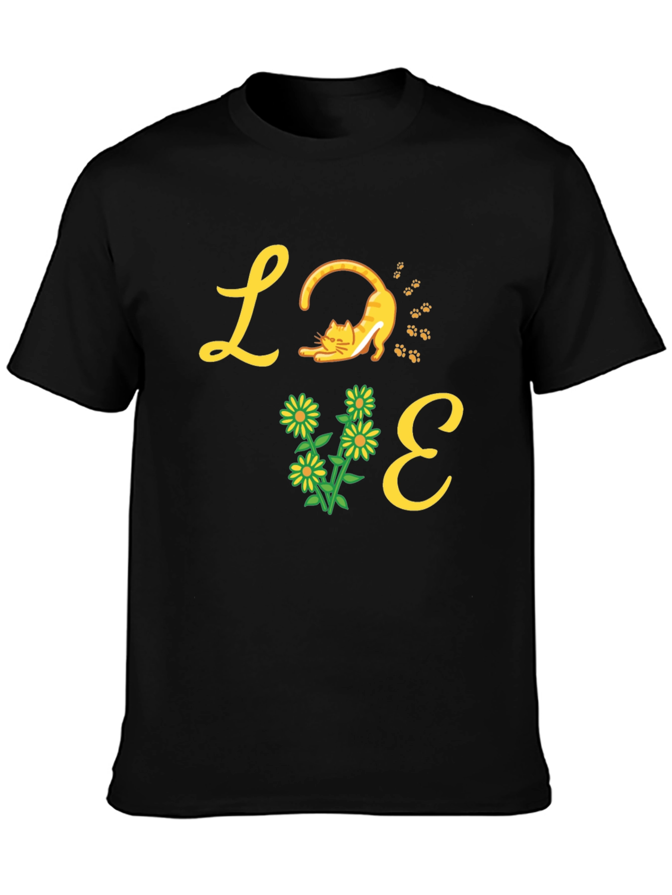 Love Cat & Flower Graphic T-Shirt - Black