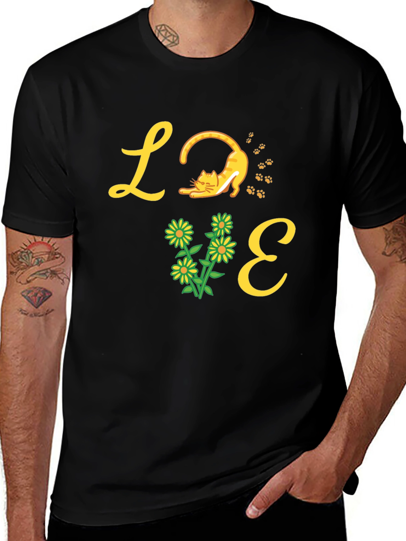 Love Cat & Flower Graphic T-Shirt - Black