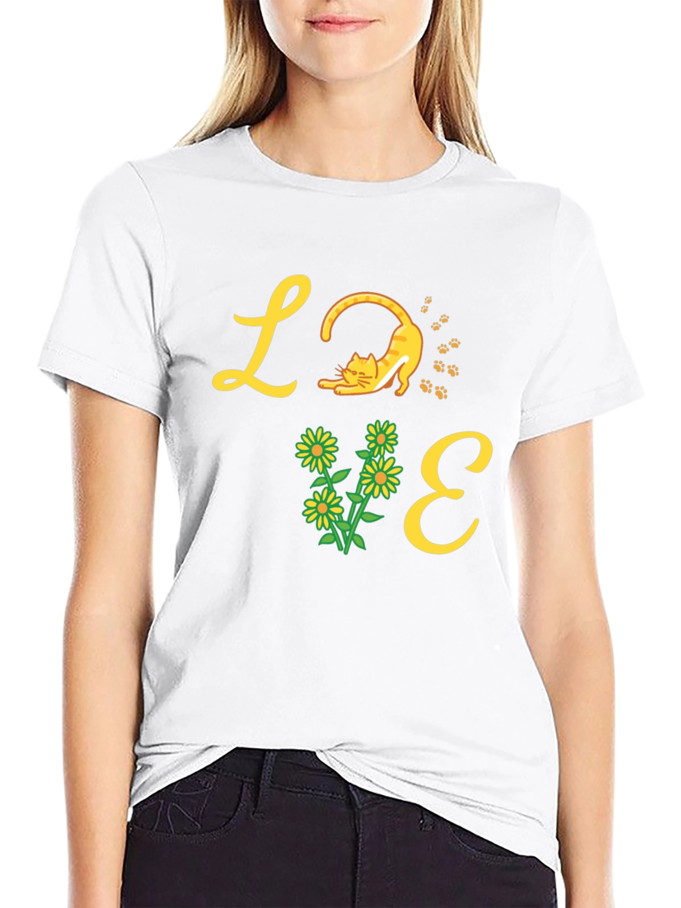 Love Cat & Flower Graphic T-Shirt - Black