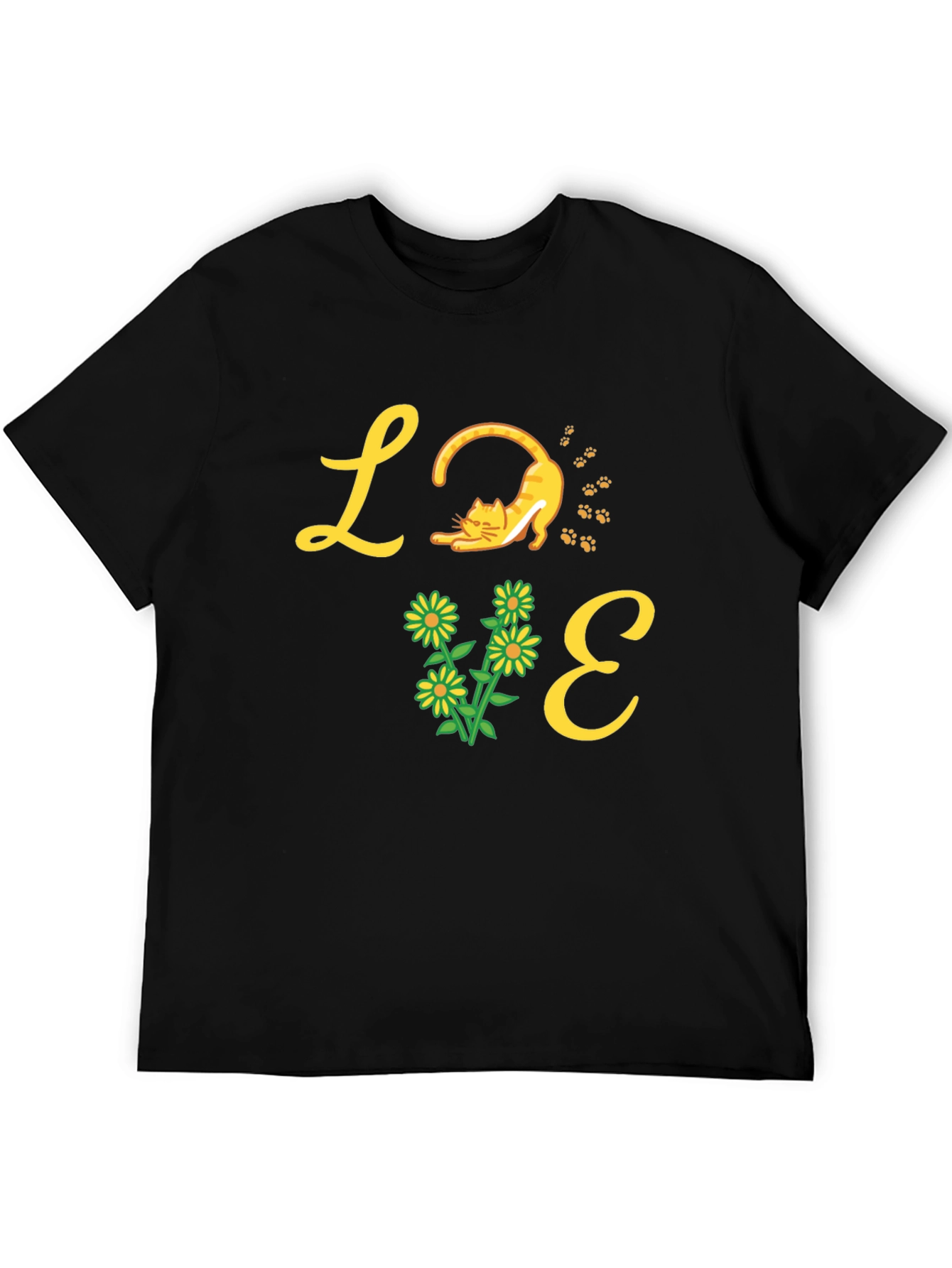 Love Cat & Flower Graphic T-Shirt - Black