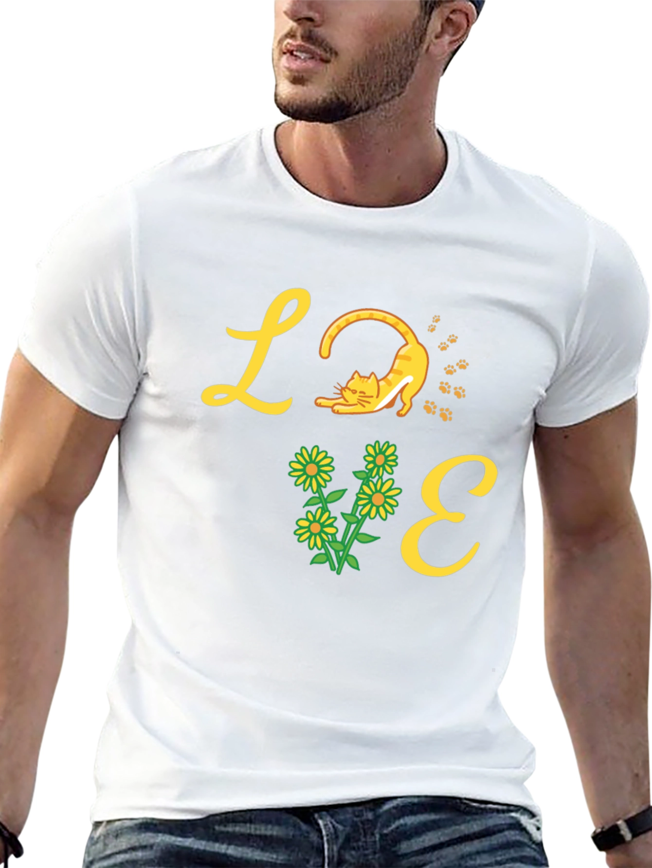 Love Cat & Flower Graphic T-Shirt - Black