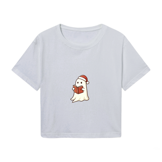 Book?Loving Ghost Santa Hat Reading Christmas Carol Crop Tee