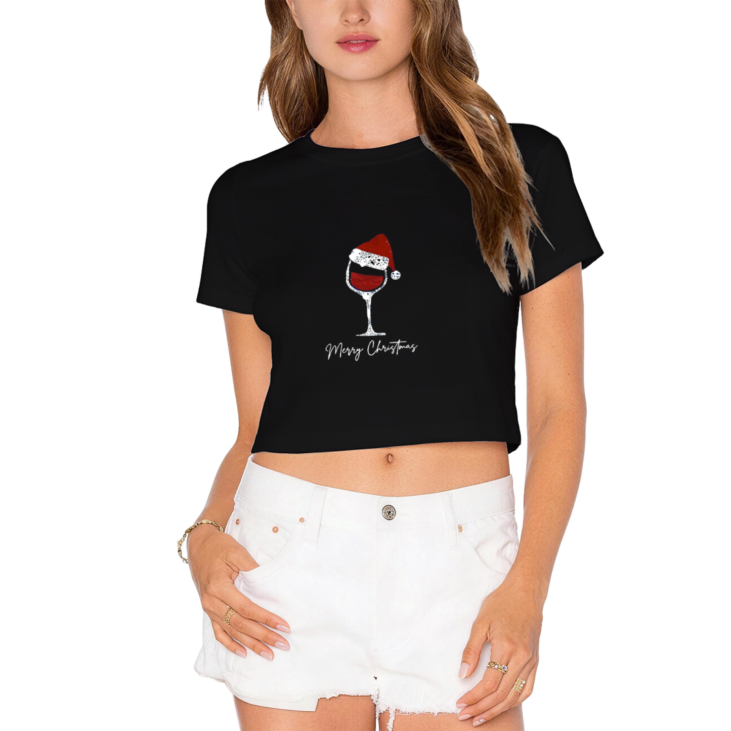 Santa Hat Wine Glass Merry Christmas Cute Holiday Crop Tee