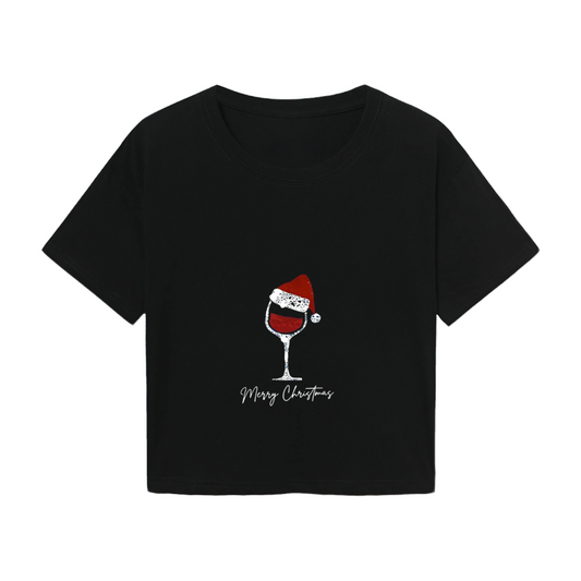 Santa Hat Wine Glass Merry Christmas Cute Holiday Crop Tee