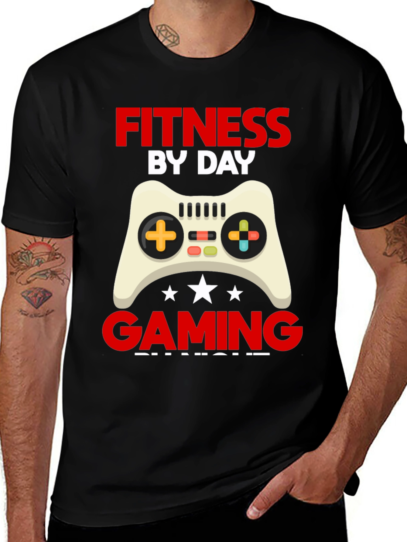 Fitness By Day Gaming By Night Black Graphic Tee