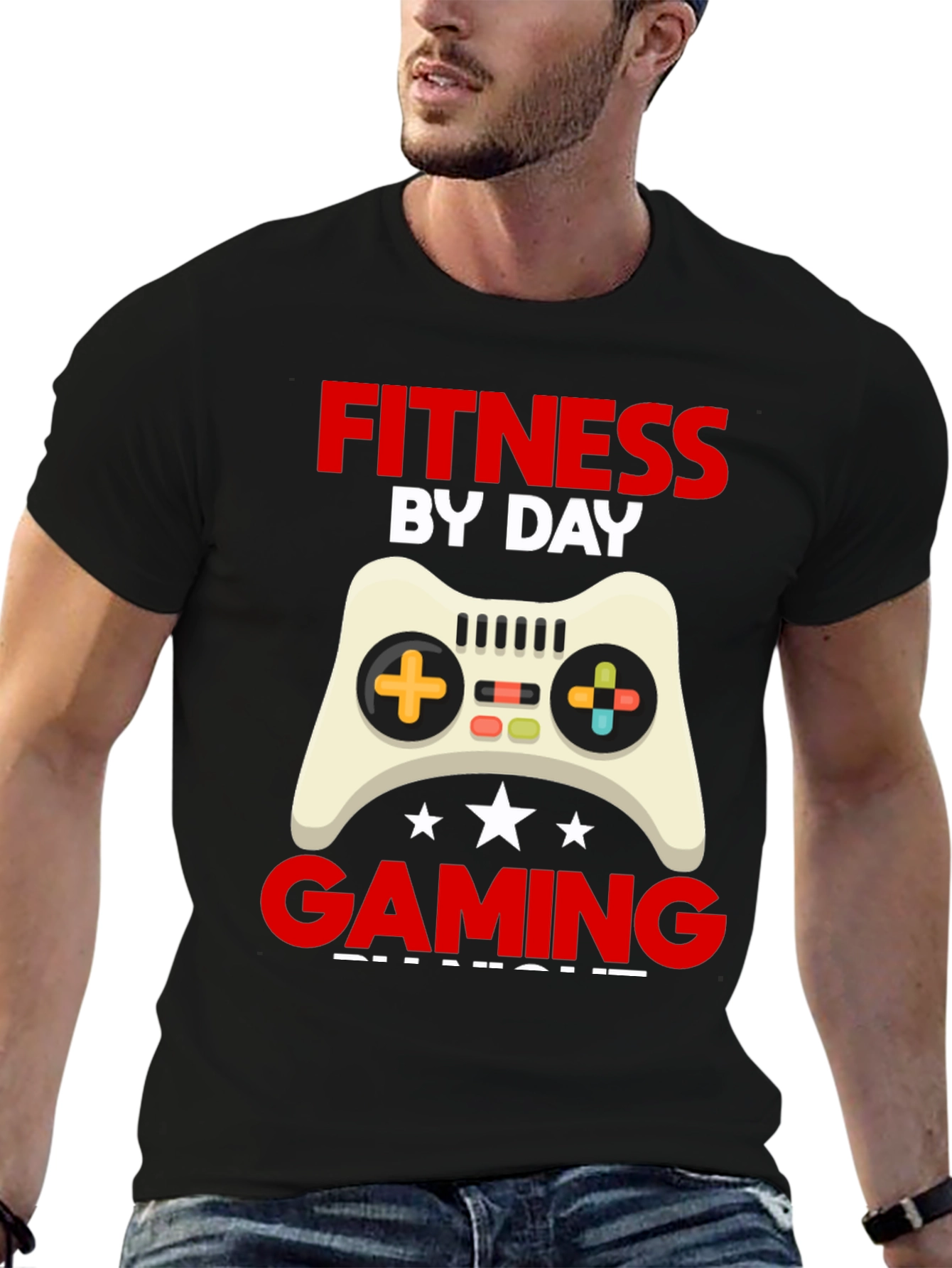 Fitness By Day Gaming By Night Black Graphic Tee