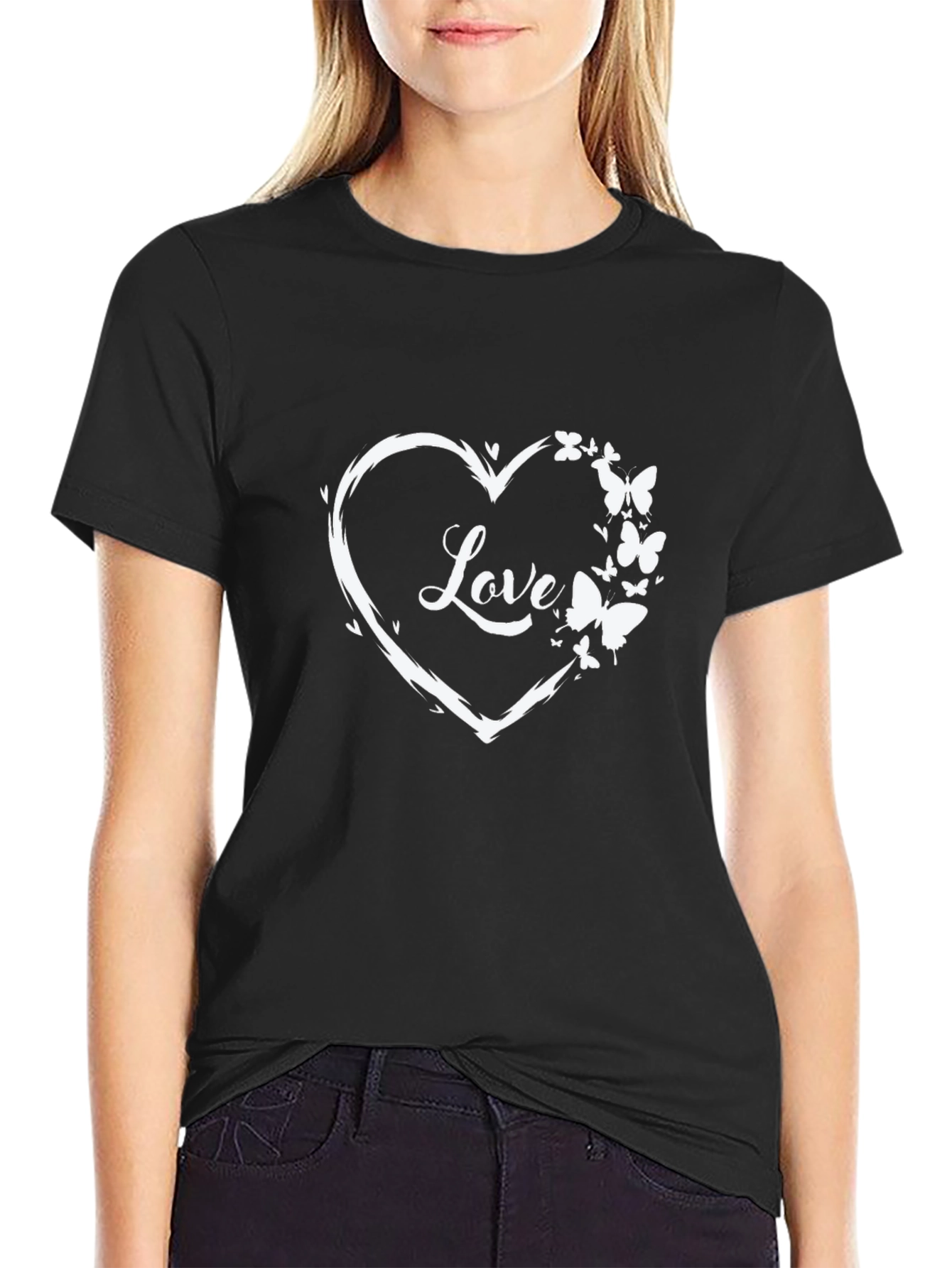 Love Heart Butterfly Graphic Tee - Black