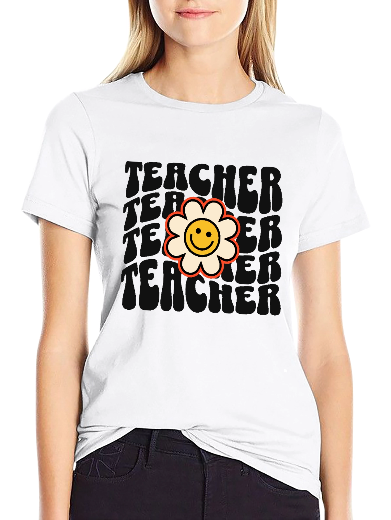 Retro Teacher Flower T-Shirt - Black