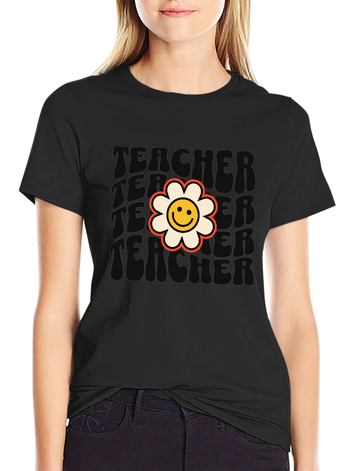 Retro Teacher Flower T-Shirt - Black