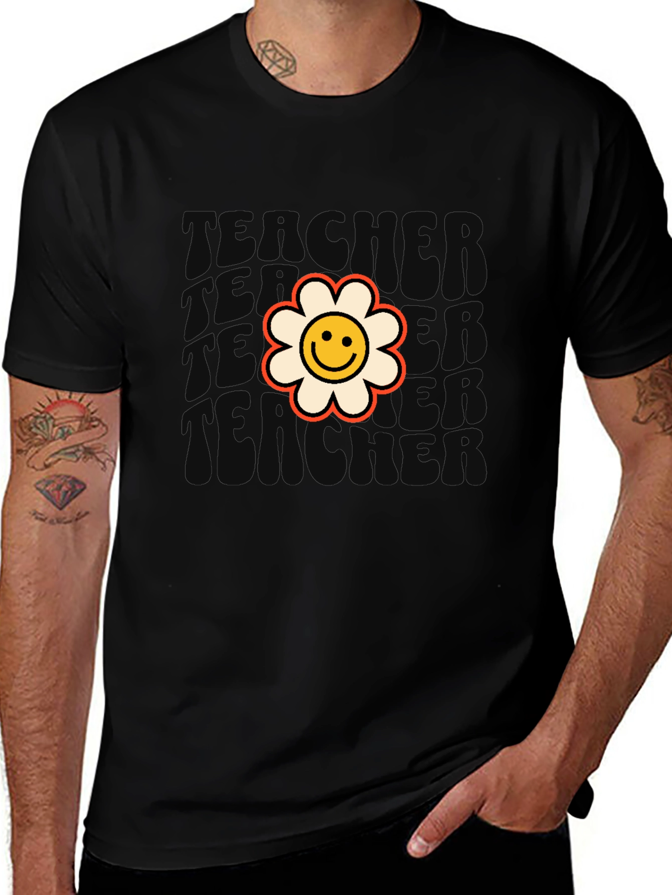 Retro Teacher Flower T-Shirt - Black