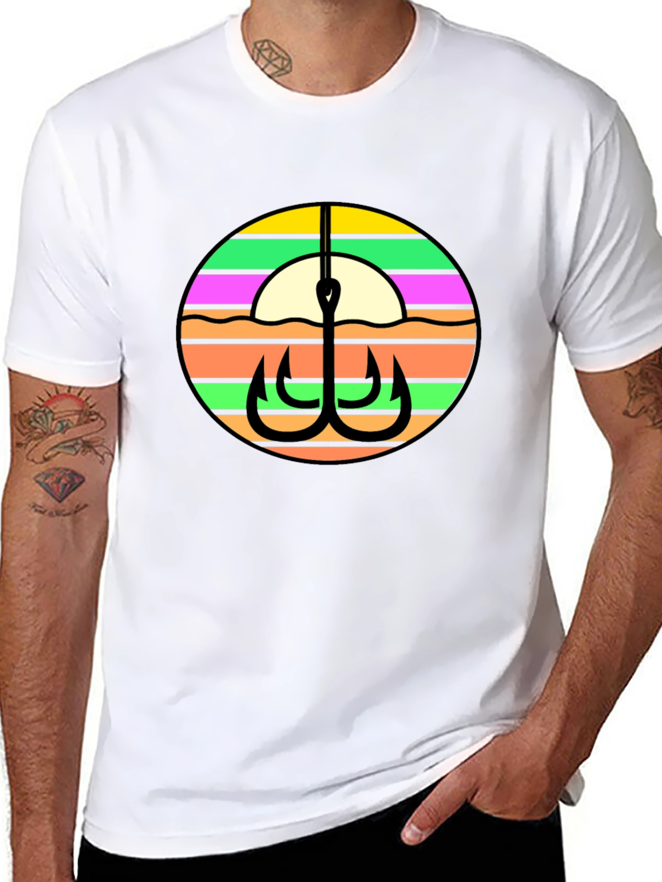 Fishing Hook Retro Sunset Graphic Tee - Black