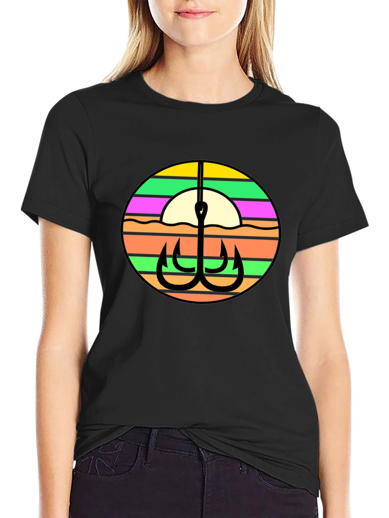 Fishing Hook Retro Sunset Graphic Tee - Black
