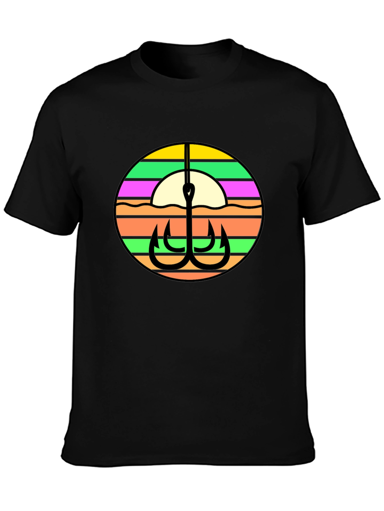 Fishing Hook Retro Sunset Graphic Tee - Black
