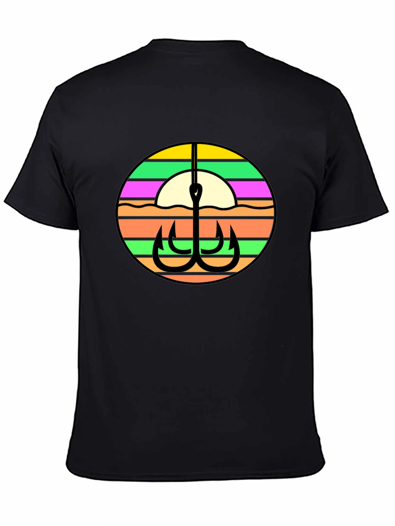 Fishing Hook Retro Sunset Graphic Tee - Black