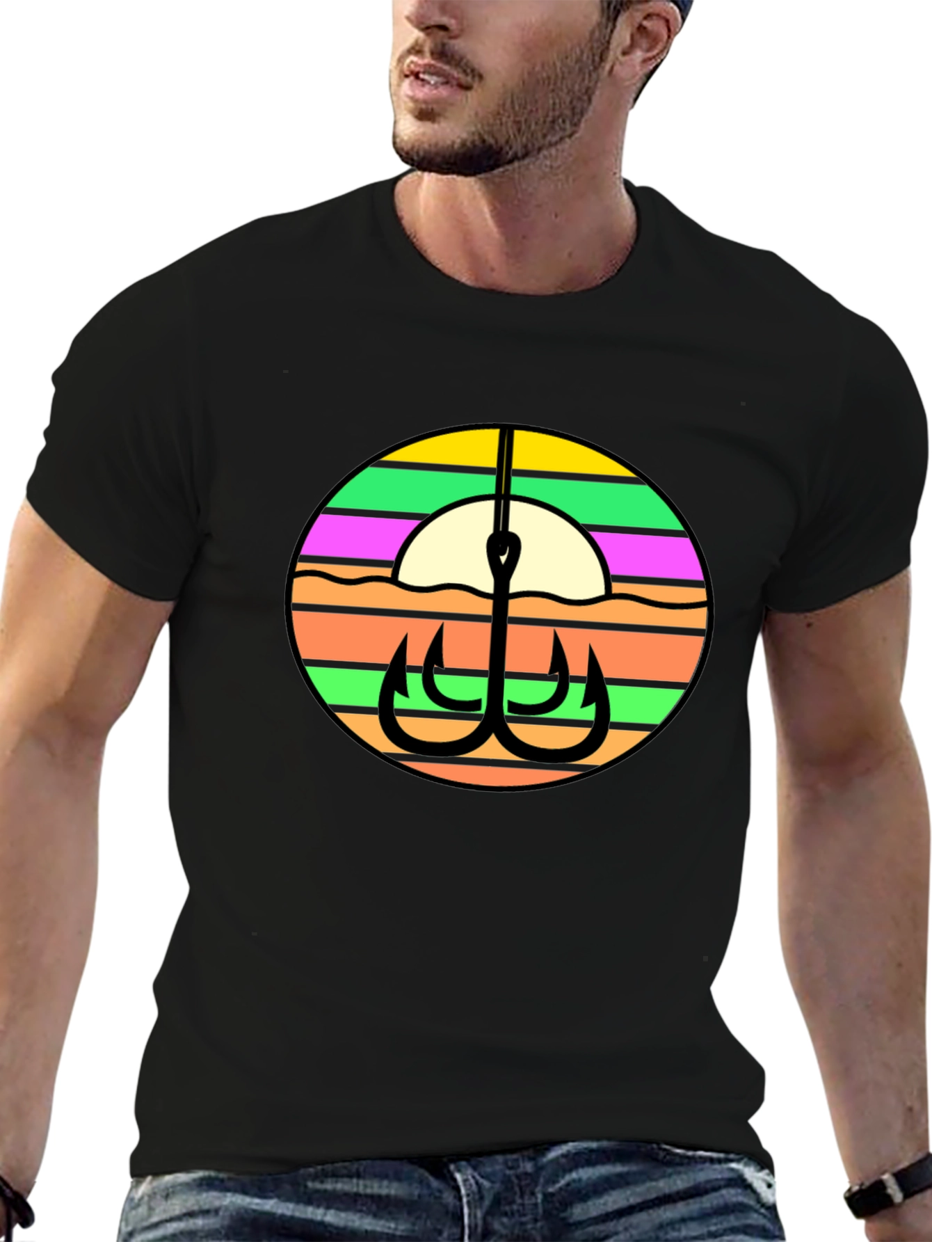 Fishing Hook Retro Sunset Graphic Tee - Black