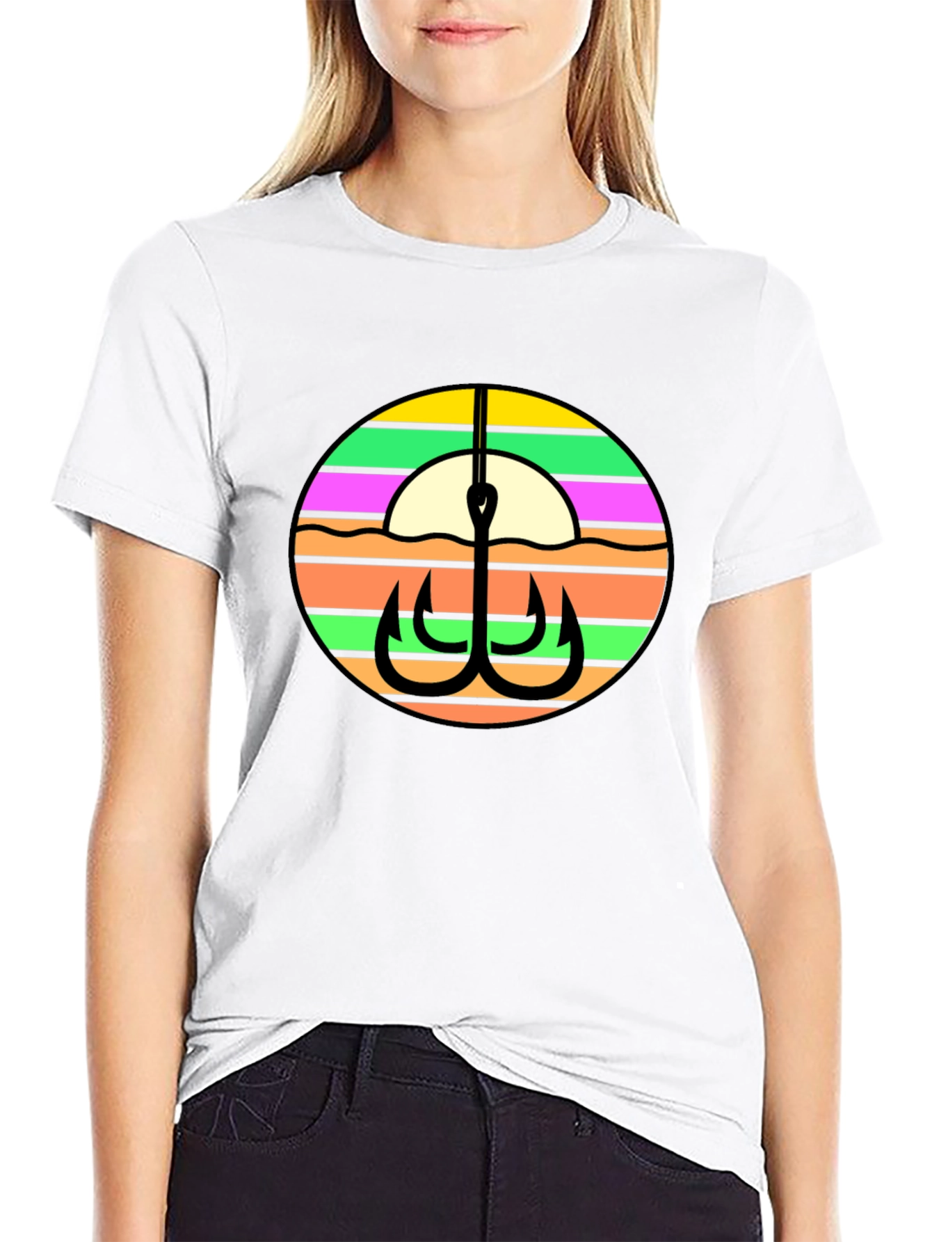 Fishing Hook Retro Sunset Graphic Tee - Black